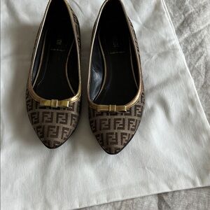 Fendi Brown Monogram Pointed-Toe Flats with Gold Bow Trim